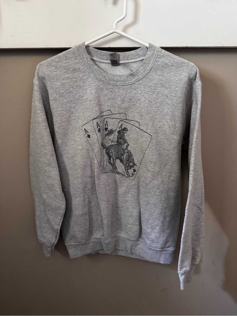 Gray Crewneck Sweater with Playing Card Graphic